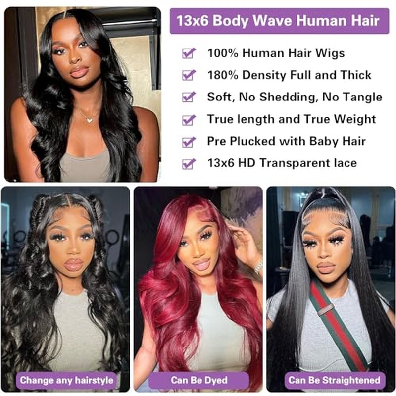 30 inch Lace Front Wig Human Hair Pre Plucked 13x6 Body Wave HD Lace Front Wigs Human Hair for Women 180% Density Glueless Brazilian Virgin Human Hair Wig with Baby Hair Natural Black
