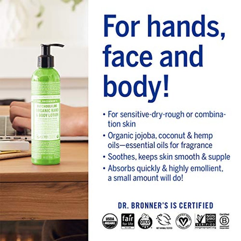 Dr. Bronner's - Organic Lotion (Patchouli Lime, 8 Ounce) - Body Lotion and Moisturizer, Certified Organic, Soothing for Hands, Face and Body, Highly Emollient, Nourishes and Hydrates, Vegan, Non-GMO