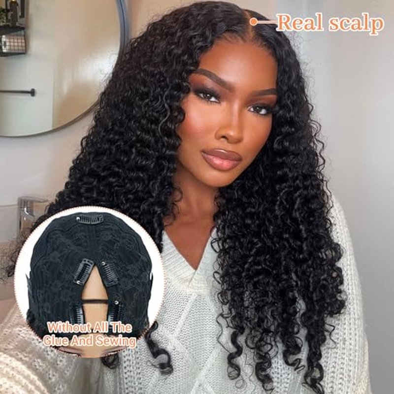 Burmese Curly Wig Human Hair V Part Wig 100% Real Human Hair Glueless With Drawstring Clip In Burmese Curly V part Wigs Upgrade U Part Wigs 220% Density 18 Inch Natural Black 1B Color