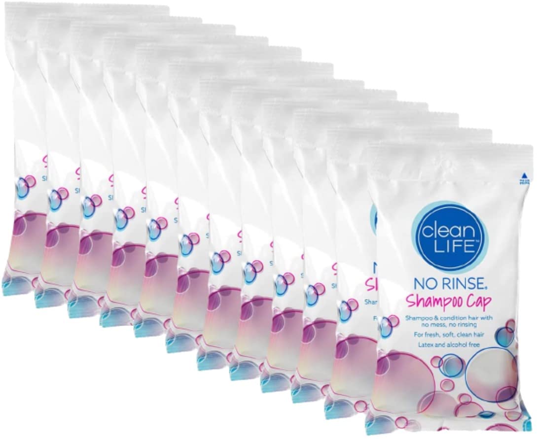 Cleanlife Products No-Rinse Shampoo Cap (12 Pack) - Waterless, Rinse Free Hair Washing and Conditioning Shower Caps for Bathing Elderly, Bedridden, Hospital Patients - Disposable, Hypoallergenic