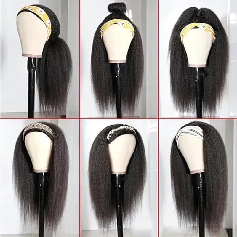 Zealady Human Hair Headband Wig For Black Women Kinky Straight Headband Wig 12A 180 Density Yaki Straight Human Hair Wigs With Headband Attached Half Wig 22 Inch