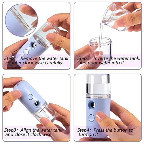 Mudder 4 Pcs Nano Facial Mister Handy Nano Mist Sprayer 30ml Visual Water Tank Portable Face Steamer Mini USB Mister for Lash Extensions, Skin Care, Makeup(White, Black, Blue, Pink)