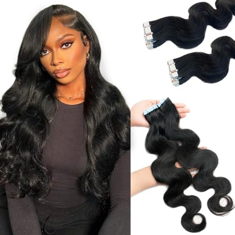 Long Curly Tape in Hair Extensions Natural Color 22 Inch Body Wave Tape in Human Hair Extensions 40PCS 100G Thick and Full Invisible Tape ins Body Wave Real Remy Human Hair Pieces Black