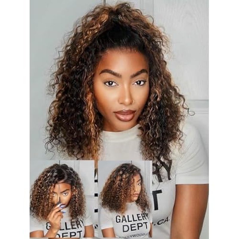 ISEE Hair Highlight Glueless Bob Wigs Human Hair Pre Plucked Pre Cut 2/30 Honey Blonde Curly Human Hair Wig for Black Women Ombre Water Wave 5x7 HD Lace Closure Wigs with Elastic Band 12 Inch