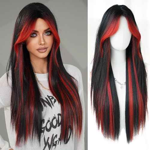 7JHH WIGS 31in Ombre Red Black Long Straight Highlight Wigs with Curtain Bangs Natural Heat Resistant Synthetic Fiber Layered Highlight Midlle Part Women Wigs for Chrismas Daily Party Daily Used