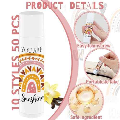 50 PCS Bohemian Rainbow Lip Balm Bulk Inspirational Words Appreciation Gift for Women Thank You Gifts Moisturizer Lips for Teacher Baby Shower Coworkers Friend Wedding Bridal Shower Thanksgiving