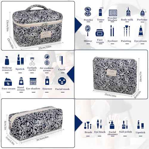 Makeup Bag Set, Quilted Makeup Bag, Large Floral Cosmetic Bag for Women, Cute Cotton Makeup Bags, Flower Travel Toiletry Organizer Bag (Black Rose Flower)
