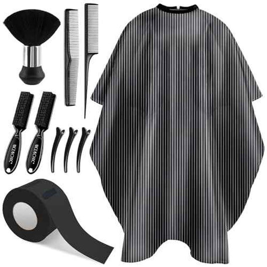 NICEMOVIC 10 in 1 Hair Cutting Barber Cape with Neck Duster Brush Barber Brush Neck Strips Hair Combs Hair Clips, Professional Barber Accessories Cleaning Supplies for Salon Haircut Styling (Stripe)