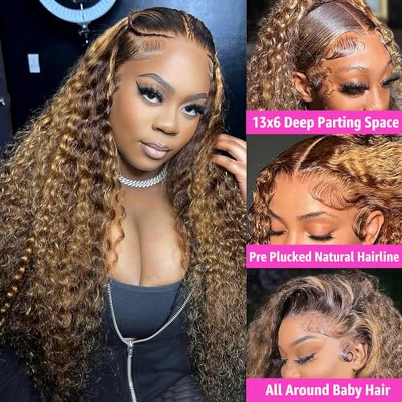 Water Wave Lace Front Wigs Human Hair 13x6 Ombre Honey Blonde Frontal Wig 200 Density P4/27 Highlight Curly Wig Glueless Wet and Wavy Lace Front Wigs Pre Plucked with Baby Hair (24 Inch)