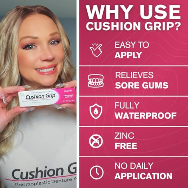Cushion Grip Thermoplastic Denture Adhesive 1oz (10 Pack)?Extra Strong Hold Up to 4 Days, Unmatched Strength, Waterproof & Zinc Free, Relieves Sore Gums, Comfortable Refit, Long Lasting Denture Refit