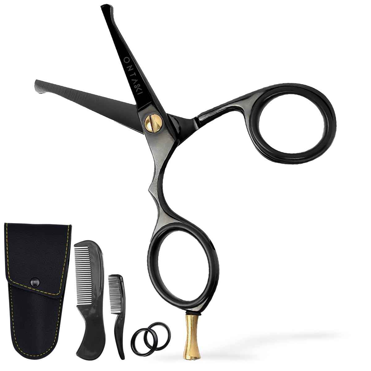 Ontaki Mustache Scissors - 4.2" Black Japanese Steel - Beard & Nose Hair Trimming Scissors for Men - Rounded Tip Ergonomic Handles - Hand-Forged Mustache Grooming Kit