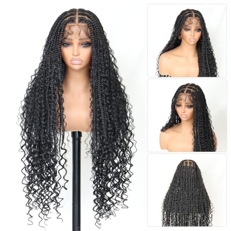 U&A 36Inch Premium Synthetic Braided Wig - Seamless Full Lace & Knotless Bohemian Braids with Bouncy Curly Ends