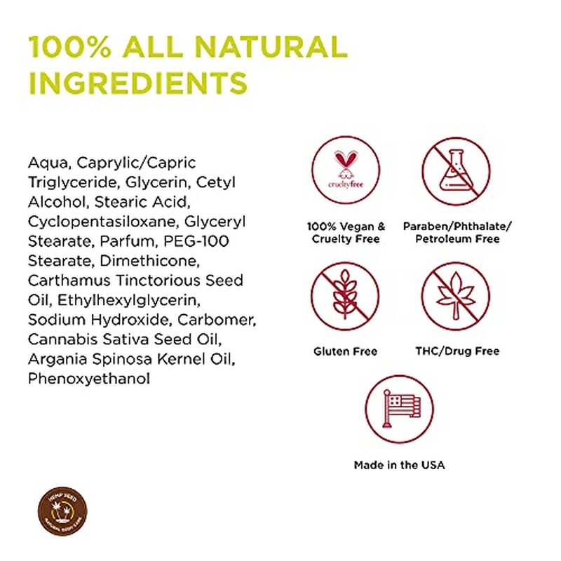 Hemp Seed Hand & Body Lotion - Soothe Dry Skin - Argan Oil, Hemp Seed Oil - Light, Non-Greasy Formula - Vegan & Cruelty Free