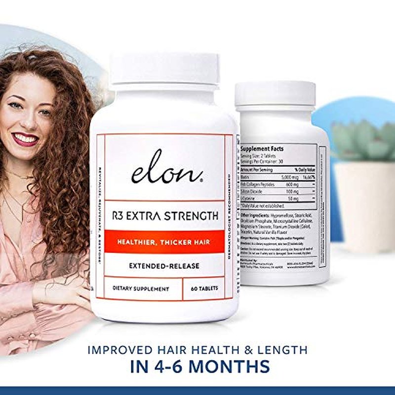 Elon R3 Extra Strength for Hair Growth - Supplements for Women to Grow Thicker, Fuller Hair, Advanced Formula with 5000 mcg Biotin Per Serving & Collagen, 60 Count (Pack of 3)