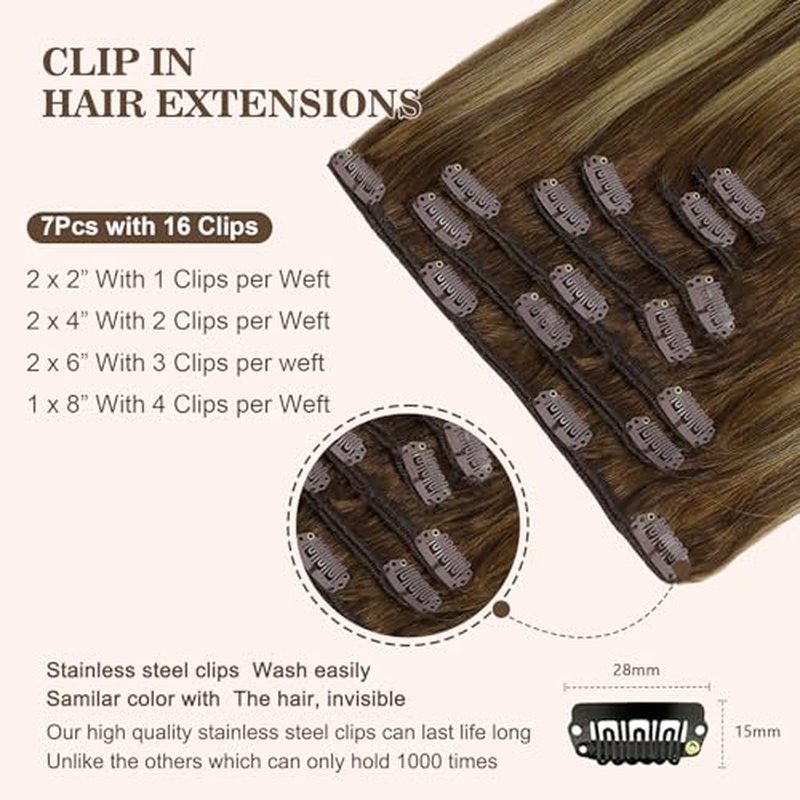 Clip in Hair Extensions Real Human Hair 120g 7pcs Human Hair Clip in Extensions 20 Inch Chocolate Brown Mixed Caramel Blonde #4/27/4 Thickened Straight Real Hair Extensions Clip in Human Hair
