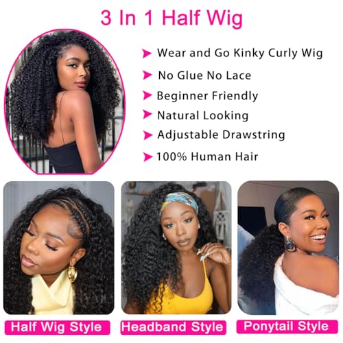 Kinky Curly Half Wig Human Hair 200% Density 3 In 1 Seamless Flip Over Half Wigs Human Hair Glueless Wear and Go Beginner Friendly Kinky Curly Wig Human Hair Drawstring Headband Wig for Women 22 Inch