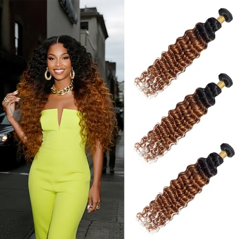 Light Brown Human Hair Bundles Deep Wave 26 28 30 Inch Brazilian Virgin Hair Double Weft Wet and Wavy No Tangle Hair Extensions for Black Women 3 Bundles