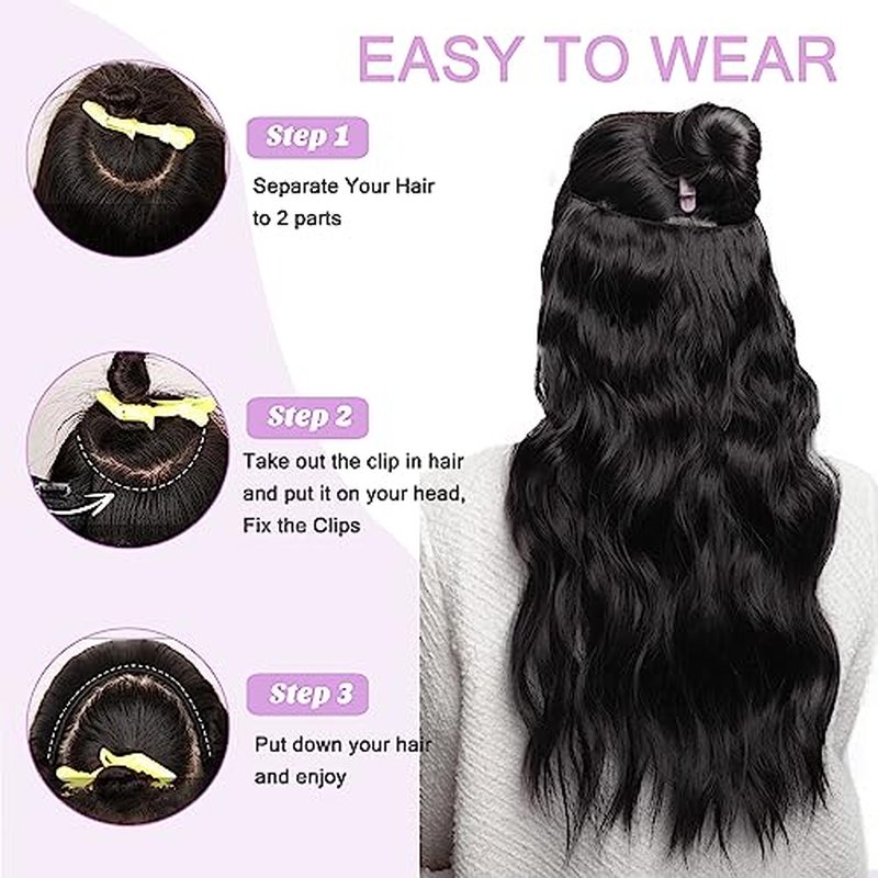 Jet Black 26 Inch Clip Human Hair Extensions 3/4 Full Head Body Wave Double Weft 120G One Piece Clip in V Shape Invisible Hairpiece Seamless Curly Extension