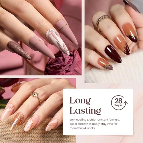 Beetles Fall Gel Nail Polish Set, 23Pcs Brown Burgundy Red Nude Pink Winter Gel Polish Set with Base Top Coat Verse of Roses Kit, Soak off Uv Gel Golden Glitter Holiday Nail Gift for Women