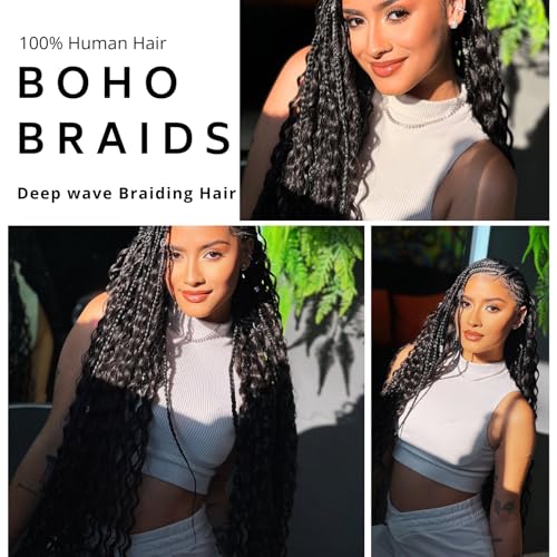 Deep Wave Human Braiding Hair for Boho Braids 1b Black Curly Human Hair Bundles for Braiding 2 Bundles/Pack 22Inch