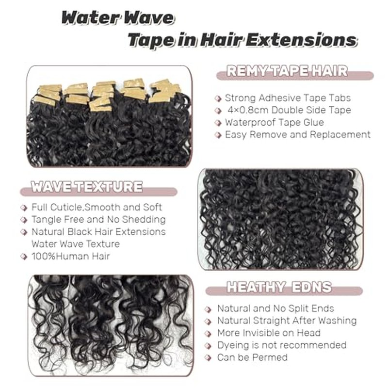 Water Wave Tape in Hair Extensions Human Hair, Natural Black Hair Extensions Real Remy Human Hair Tape ins for Black Women, 24 Inch 100g/pack 40pcs Double Sided Invisible Tape Hair Extension