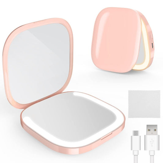 MY BEAUTY LIGHT Bright Compact Mirror with Durable Rechargeable 1X/3X Magnifying Light, 3000K-6000K Travel Makeup Mirror with Lights for Handbag Purse Pocket (Pink)
