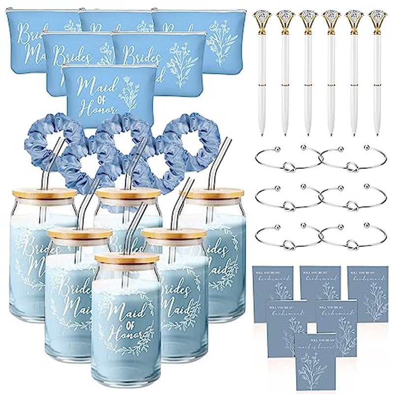 Irenare 36 Pcs Bridesmaid Proposal Gifts Set of 6 Will You Be My Bridesmaid 16 oz Glass Cup Brides Maid Cosmetic Bags Cards Bracelets Bridal Shower Favor Wedding Supplies Bachelorette Party(Blue)