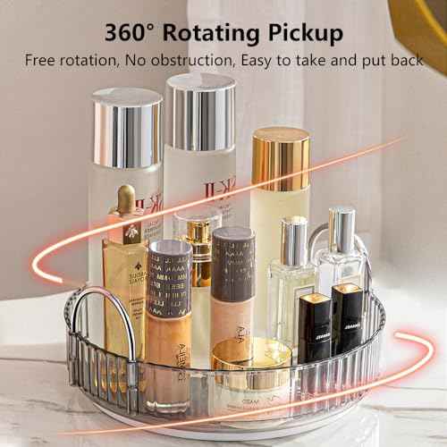 Rotating Makeup Organizer for Vanity, Spinning Cosmetics Storage for Bathroom Countertop, Skincare Holder Rack for Facial Cream, Perfume, Lotion, Lipstick (1 Tier, Smoky Grey)