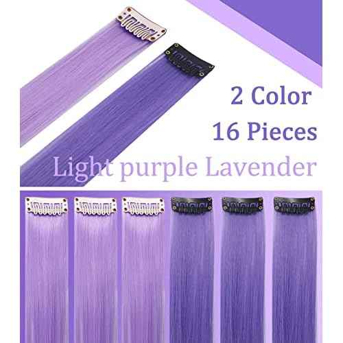 Colored Hair Extensions 21 inch Multicolors Party Highlights Straight Hair Extension Clip In/On For girls and Women Costume Wig Pieces 16 PCS (Lavender Light purple)