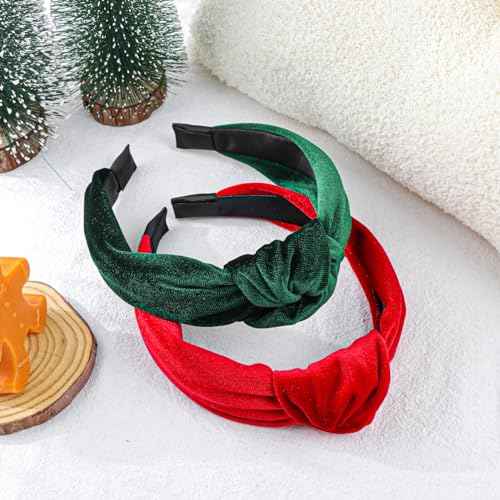 YanJie Christmas Headbands for Women Velvet Red Knotted Headband Green Christmas Velvet Wide Hair Band for Women Girls Fashion Headbands Holiday Gift