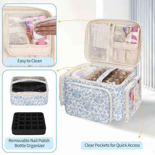 Nail Polish Organizer, Nail Polish Storage Holds 42+ Bottles & Nail Lamp, Portable Travel Nail Kit Storage Carrying Case Fits Nail Suppiles, Gift for Manicurist, Grils - Blue Flower