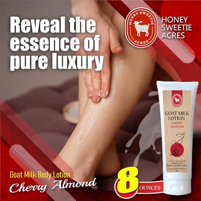 Honey Sweetie Acres Fresh Off The Goat All-Natural Goat Milk 8 oz Cherry Almond Body Lotion is a cruelty-free, handmade lotion that hydrates and moisturizes - Made in the USA