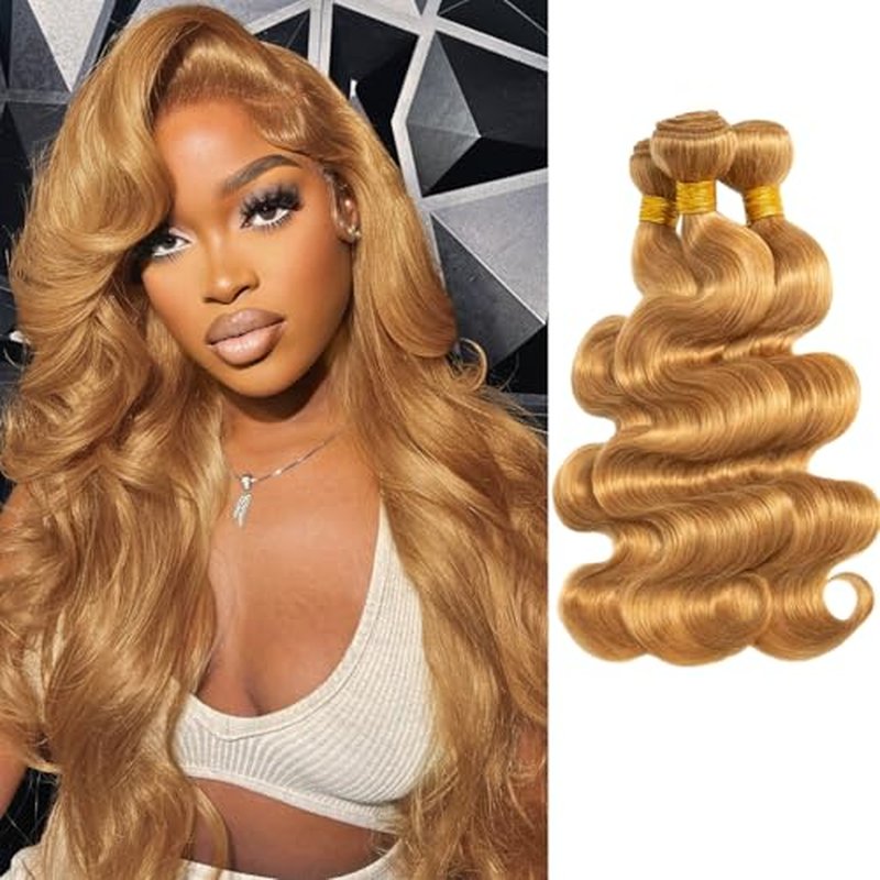 ALHER Honey Blonde Body Wave 3 Bundles Human Hair, 12A Color #27 Sun-kissed Vibe Golden Blonde Colored Human Hair Bundles Sew In Weave Wavy 100% Unprocessed Virgin Remy Hair 10 12 14 In