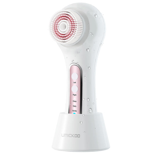UMICKOO Electric Facial Cleansing Brush, 2-Way Rotating Face Scrubber for Daily & Deep Cleaning, 3 Modes, 5 Brush Heads, Rechargeable, IPX7 Waterproof for All Skin Types