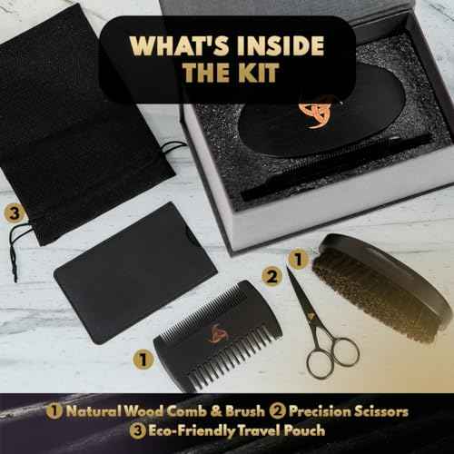 Woden Beard Maintenance Kit - Premium Luxury Black Beard Brush and Comb Gift Set | Mustache and Beard Scissors, Boar Bristle Beard Brush, Fine-Tooth Pearwood Beard Comb, Travel Bag and Gift Box
