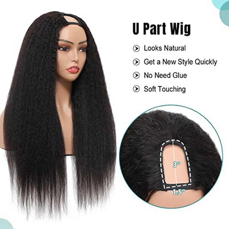 U Part Kinky Straight , 16 inch Italian Upart Half Remy Yaki Straight Wigs for Black Women Human Hair Upgraded U Shape Clip in