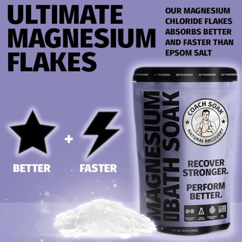 Coach Soak: Recovery Bath Soak - Fast-Absorbing Magnesium Flakes - Bath Salts with 21 Minerals & Essential Oils - Made in the USA with Dead Sea Salt, 3lbs (Calming Lavender)