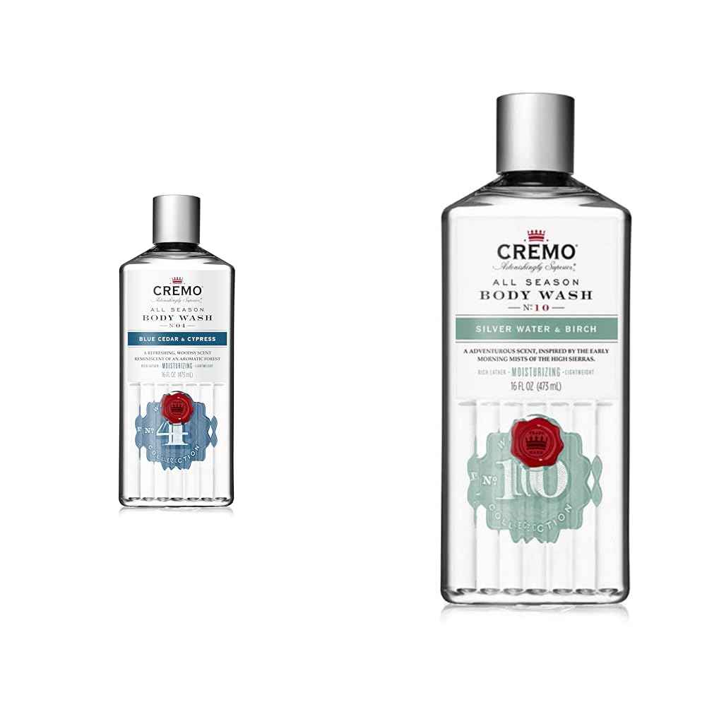 Cremo Men's Body Wash Bundle with Blue Cedar & Cypress Scent 16 Fl Oz and Silver Water & Birch Scent 16 Fl Oz