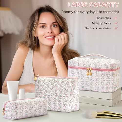 3Pcs Quilted Floral Makeup Bag Cosmetic Bag for Women Teen Girls,Cute Pink Make Up Bags,Aesthetic Large Cotton Cosmetic Pouch,Flower Coquette Travel Toiletry Organizer Storage Bag