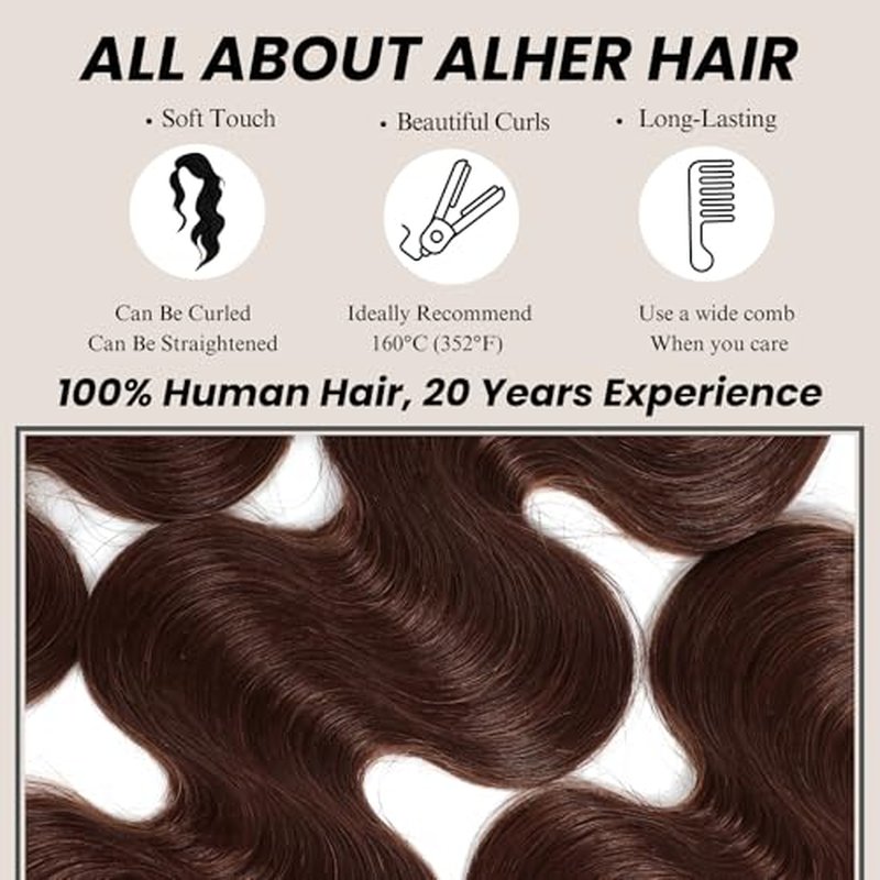 ALHER Chocolate Brown Body Wave 3 Bundles Human Hair, 12A Color #4 Dark Brown Colored Sew In Weave Wavy Bundles, 100% Unprocessed Virgin Remy Hair Soft Thick 12 14 16 Inch