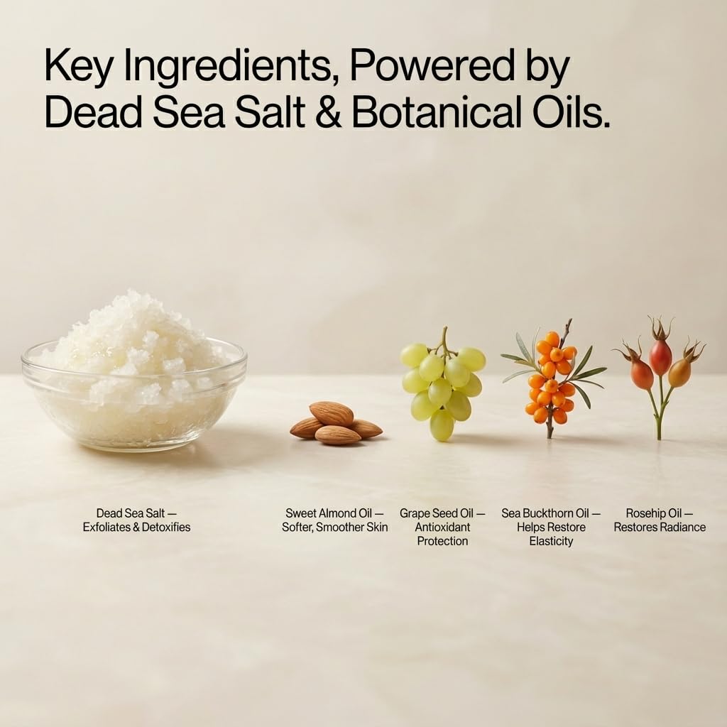 SEACRET Minerals Dead Sea Salt & Oil Body Scrub - Exfoliator with Rosehip, Sea Buckthorn & Green Tea, Mineral Rich Spa Treatment Stimulates Cell Renewal, Pomegranate, 14.1 Fl Oz / 400 ml