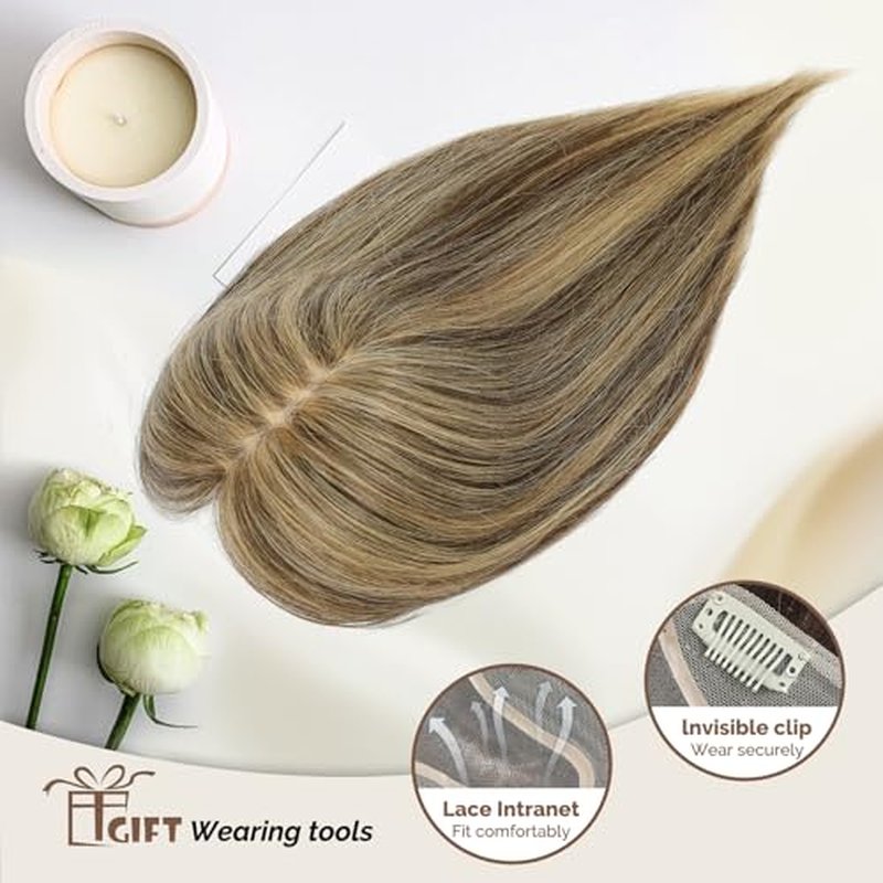Hair Toppers with Thinning Hair 100% Real Human Topper for Women 12 inch Medium Brown Mix blonde Hairpieces for Women 120% Density top toppers Hairpieces for Thinninghair#427