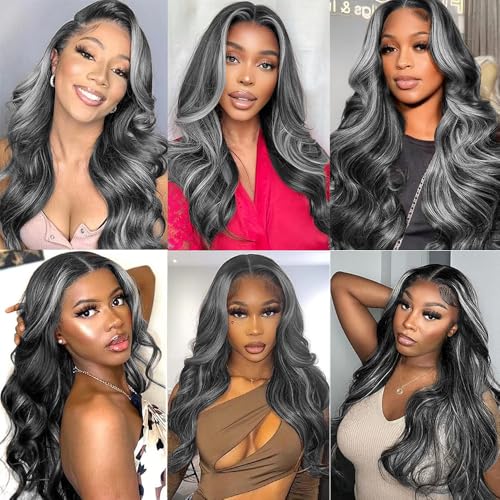 Ombre Bundles P1Bgrey Body Wave Human Hair Bundle Hgihlight Grey Hair Extensions Two Tone Salt And Pepper 1 Bundles 22 Inch #1Bgray Body Wave Bundles 100G