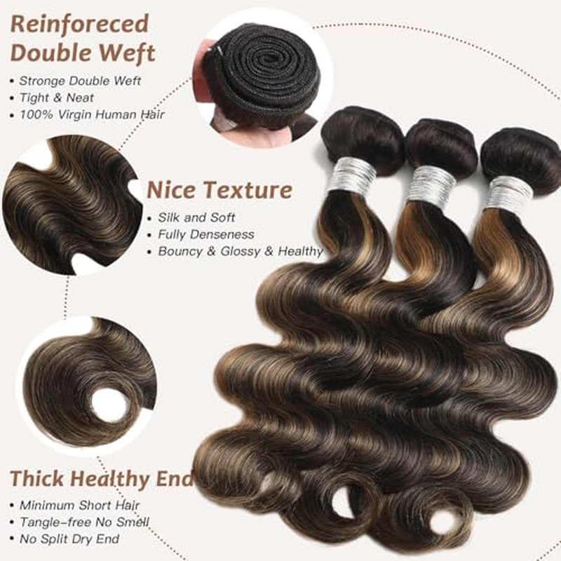Honey Blonde Bundles Human Hair Highlighted Black and Blonde Bundles Body Wave Balayage Colored 12A 100% Brazilian Virgin Remy Human Hair 1b/27 Ombre Loose Wavy Sew In Weave 14 16 18 Inch