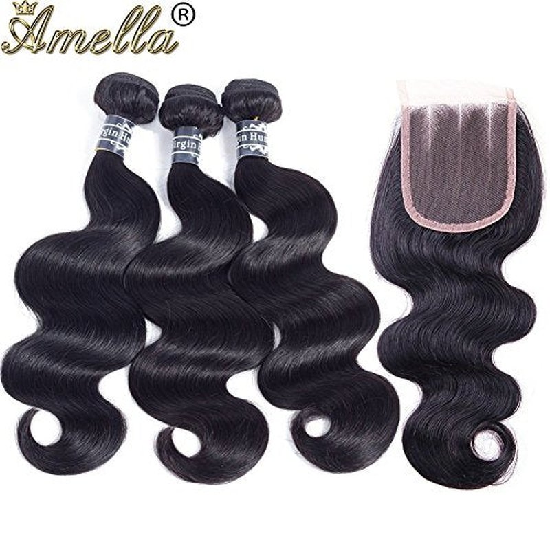 Amella Hair 100% Unprocessed Brazilian Virgin Body Wave Hair 3 Bundles With Closure (16 18 20+14 Three part)8A Brazilian Body Wave Human Hair Extensions With 4x4 Swiss Lace Closure