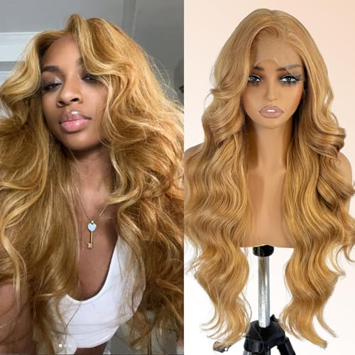26Inch Honey Blonde 13¡¿6 Lace Front Wigs 130% Density Body Wave Transparent Lace Front Wigs Free Part Pre Plucked Glueless Wigs for Women with Baby Hair Synthetic Hair