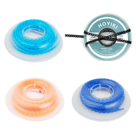 4 Pcs Dental Orthodontic Elastic Chain Power Chains Brace Orthodontic Spool Elastic Rubber Band for Teeth Braces,15ft/Roll (Sky blue+Royal blue+Orange+Black, Closed)
