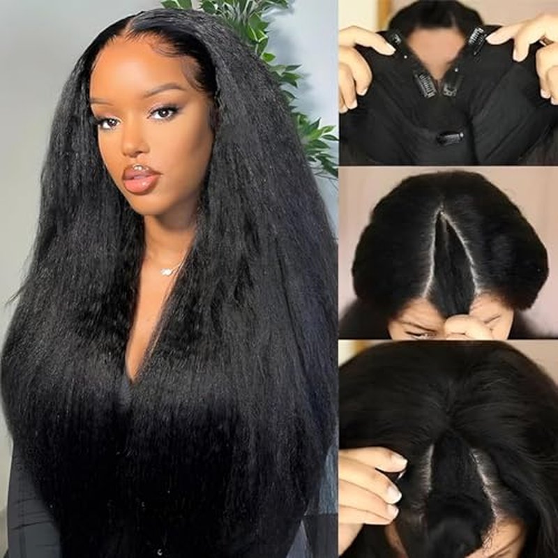 V Part Wig Human Hair Kinky Straight 22 Inch V Part Wig Yaki Straight Clip in Half Wigs for Black Women Human Hair Glueless No Leave Out 180% Density Natural Color