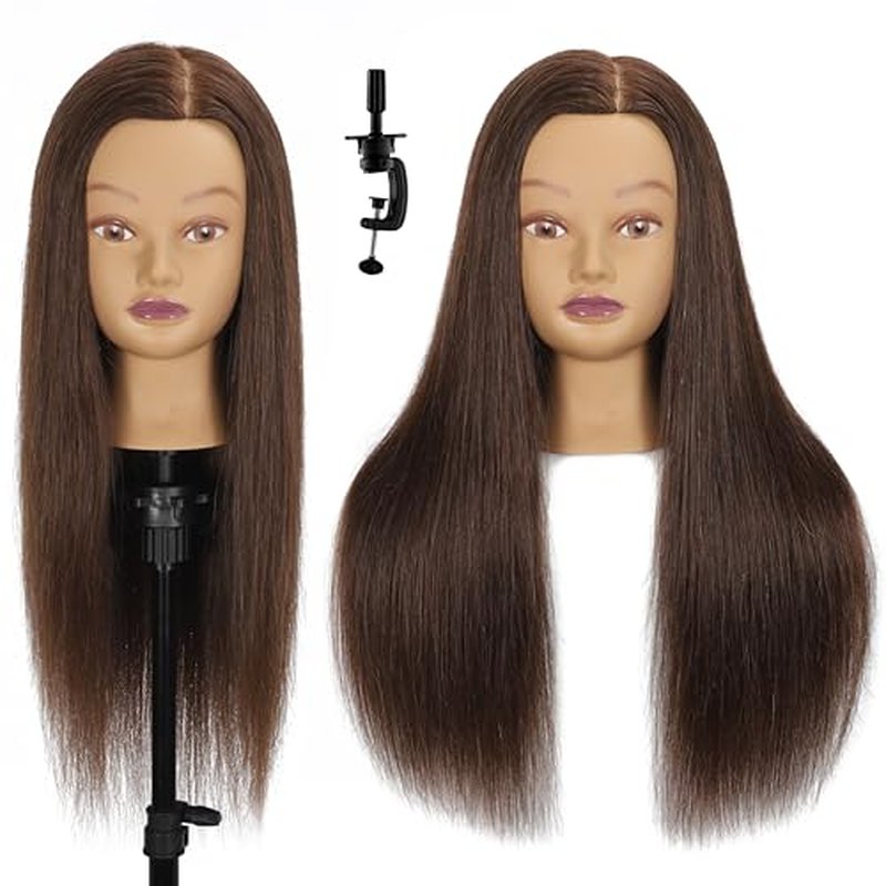 Mannequin Head Human Hair 24" 100% Human Hair Mannequin Head£¬Cosmetology Mannequin Head Doll Head for Hair Styling Hairdresser Manikin Head with Free Clamp Holder(Dark Brown)