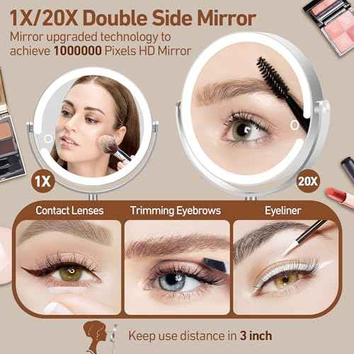 Magnifying Mirror with Light 20X, Height-Adjustable Lighted Makeup Mirror with Magnification, Double-Sided Aluminum Alloy LED Mirrors, 3 Lighting Modes Ideal for Bathroom Make-up, Silver